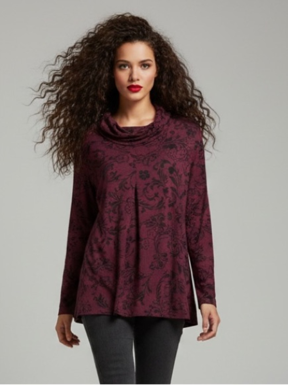 Dressbarn Petite Cowl Neck Tunic - Burgundy Floral - Size L/P